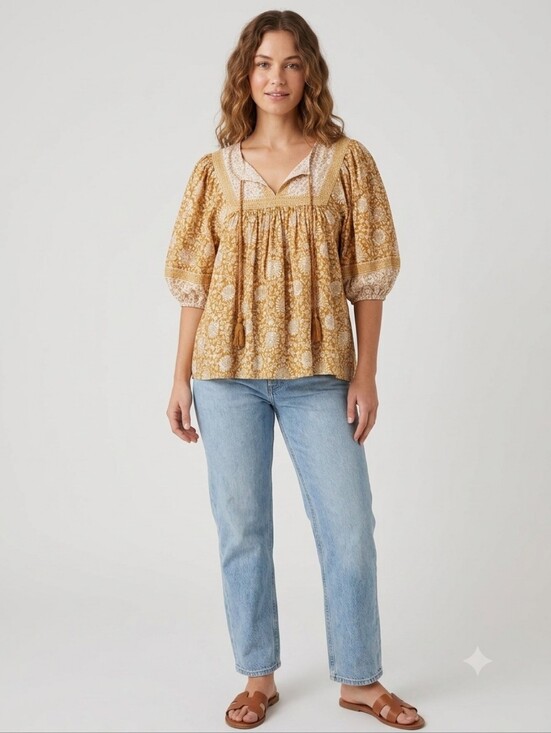 Old Navy Tops - Old Navy Mustard Yellow Boho Peasant Puff Sleeve Blouse Size M Tassels Cotton...